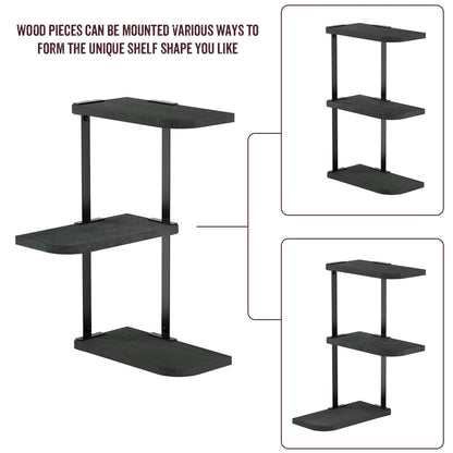 Love-KANKEI Corner Shelf Wall Mount of 3 Tier Rustic Wood Floating Shelves for Bedroom Living Room Bathroom Kitchen Office and More Black