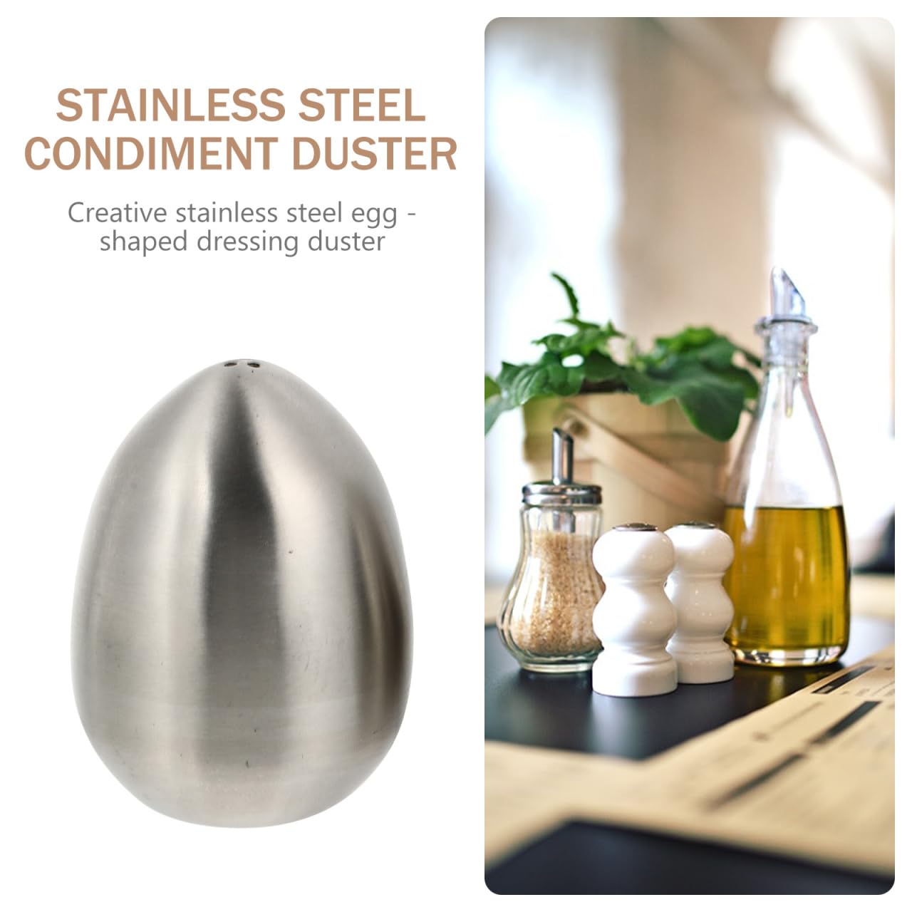 Hemoton 2-Piece Egg-Shaped Stainless Steel Spice Jars with 3-Hole Lids Salt and Pepper Shakers for Kitchen Dining and Bbq Seasoning