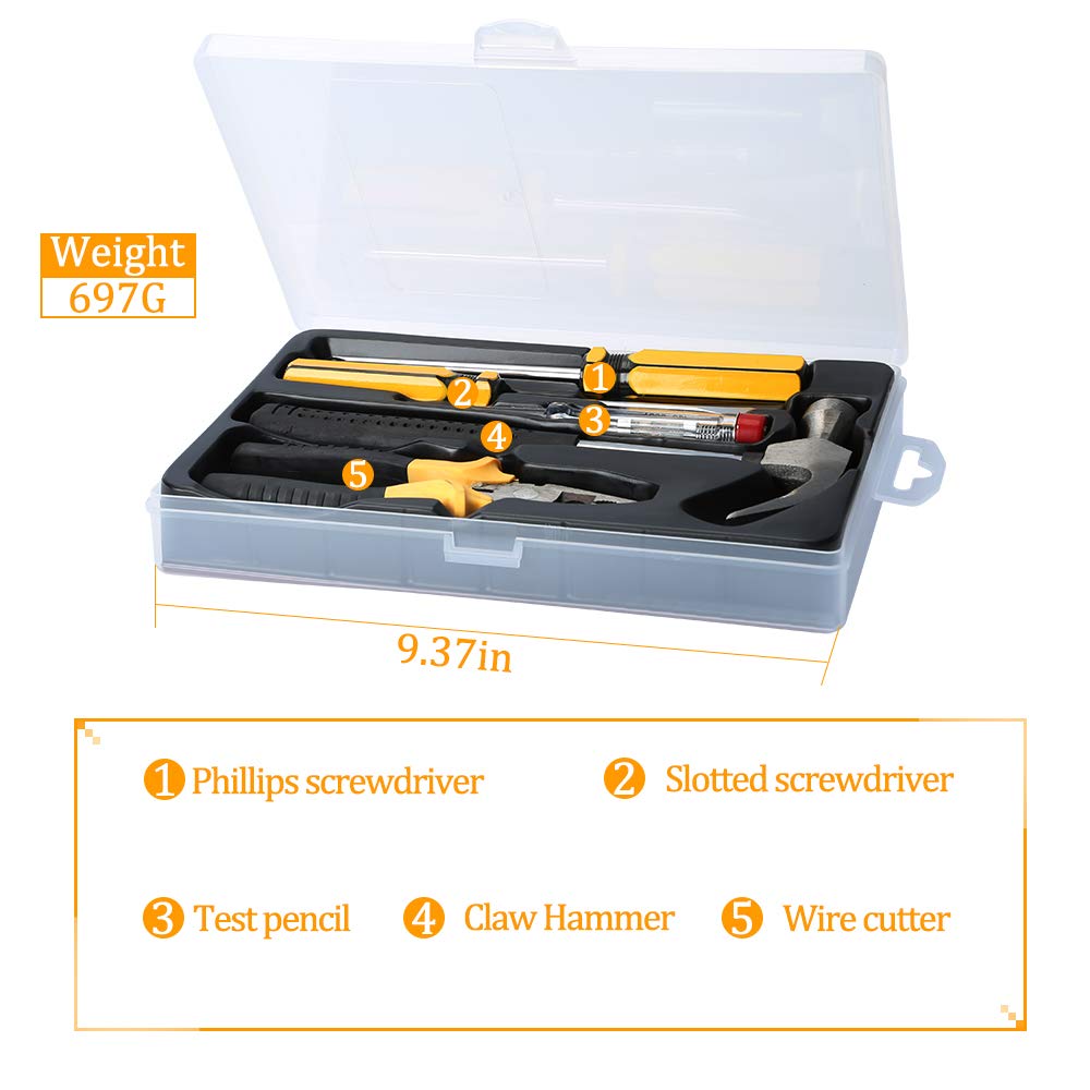 E·Durable DIY Tool Kit Set 5 Pcs Hammer Household Set with Starter Basic Hand Tools, Portable Tool Box Set for Home, Office, School, and Garage