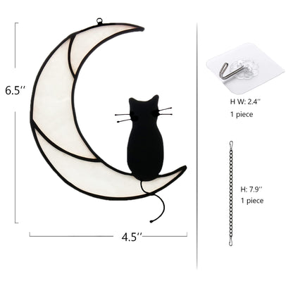 HAOSUM Black Cat On White Moon Stained Glass Window Hangings Ornament,Cat Memorial Gifts, Themed Gifts for Cats Lovers