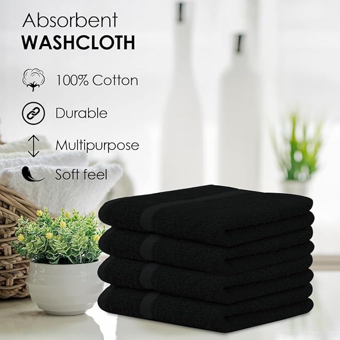 Avalon Towels Cotton Washcloths 24-Pack – 12 x 12 Inch Black Super Soft &