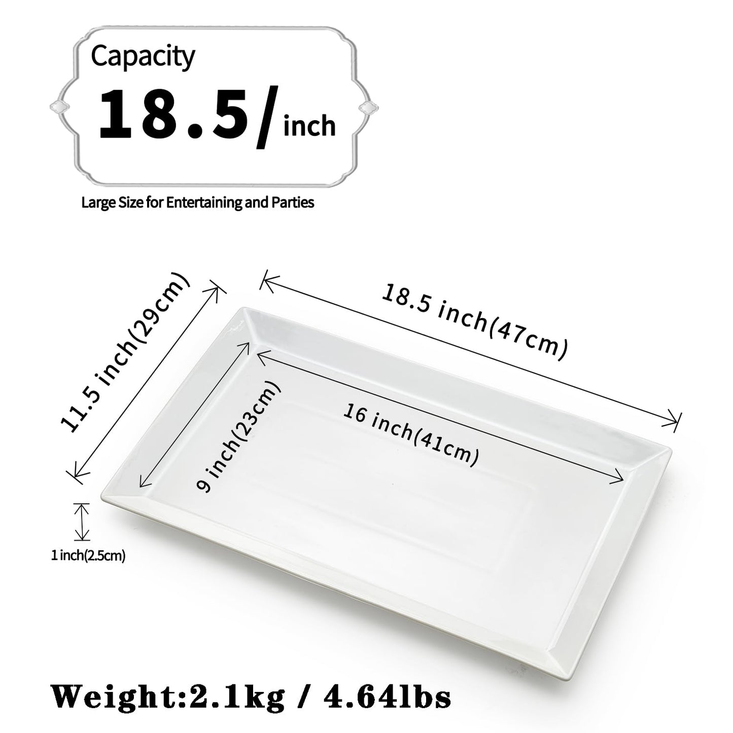 MIECOO Large Serving Platter, 18.5" x 11.5" White Serving Tray, Rectangular Porcelain Plate for Party, Wedding, Birthday, Entertaining, Food, Appetizer, Fruit, Sushi, Dessert