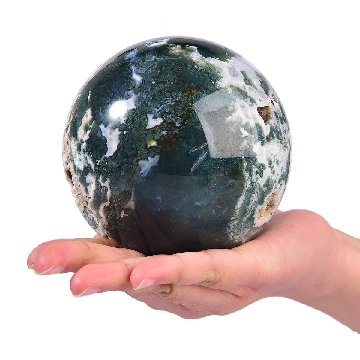MOGEMT Large Moss Agate Crystal Sphere Natural Healing Crystal Ball with Stand Meditation Decorative Balls Home Decor 100-110mm/3.9-4.3"