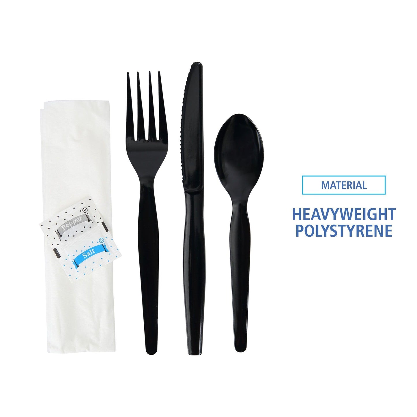 Boardwalk Six-Piece Cutlery Kit, Condiment/Fork/Knife/Napkin/Spoon, Heavyweight, Black, 250/Carton