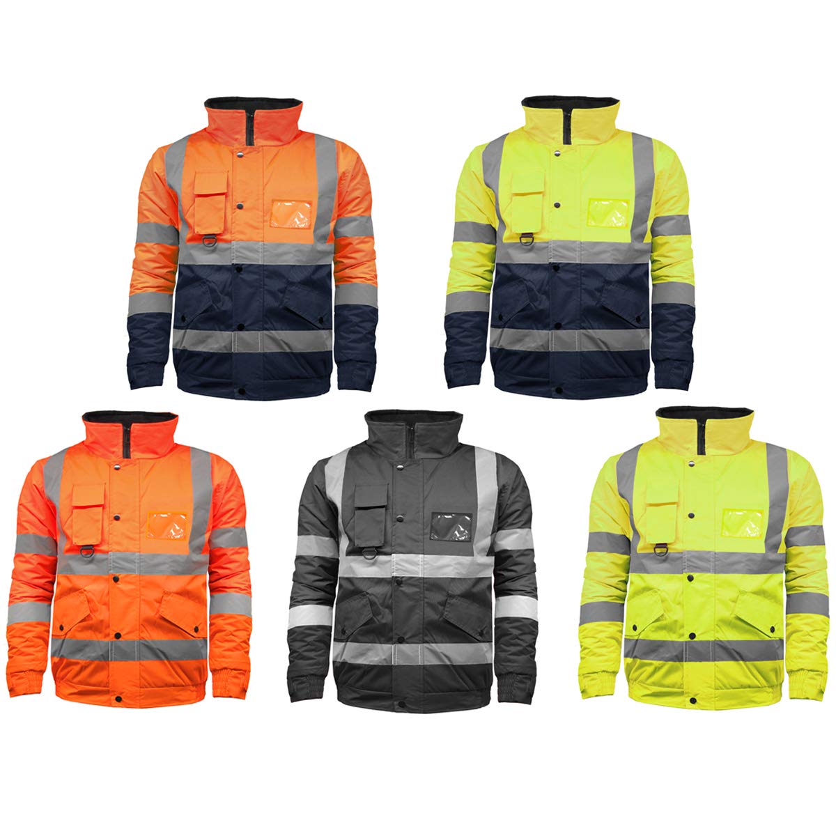 High Visibility Safety Security Reflective Protective Waterproof Workwear Bomber Jacket Fluorescent (L, Yellow/Navy)