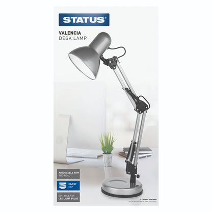 Status Valencia Desk Lamp | Angled Desk Light | Silver Desk Lamp | Study, Office, Bedroom | SADL2429AESC16