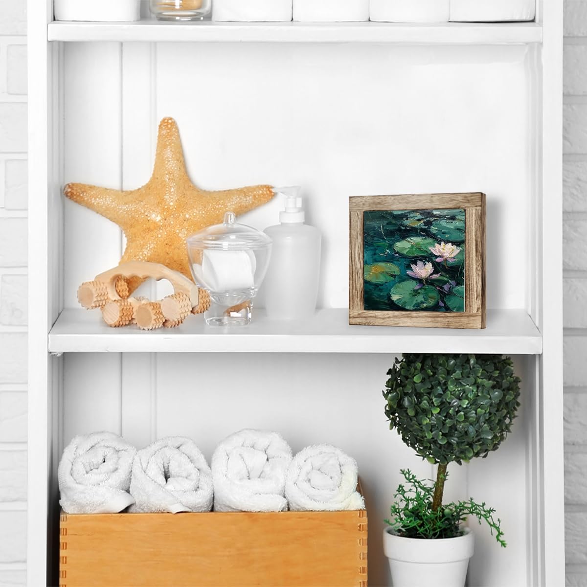 Lotus Desk Decor Wooden Box Sign, Tranquil Water Lily Oil Painting Style Tabletop Plaque, Zen Nature Shelf Counter Accent, Rustic Farmhouse Floral Gift for Home Office