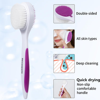 2 Pack Facial Cleansing Brush 2 in 1 for Face Exfoliation, Soft Bamboo Charcoal Microfiber Bristle Dual Face Silicone Scrubber Brush for Pore Deep Cleansing Skincare with Lid, Black+Gradient