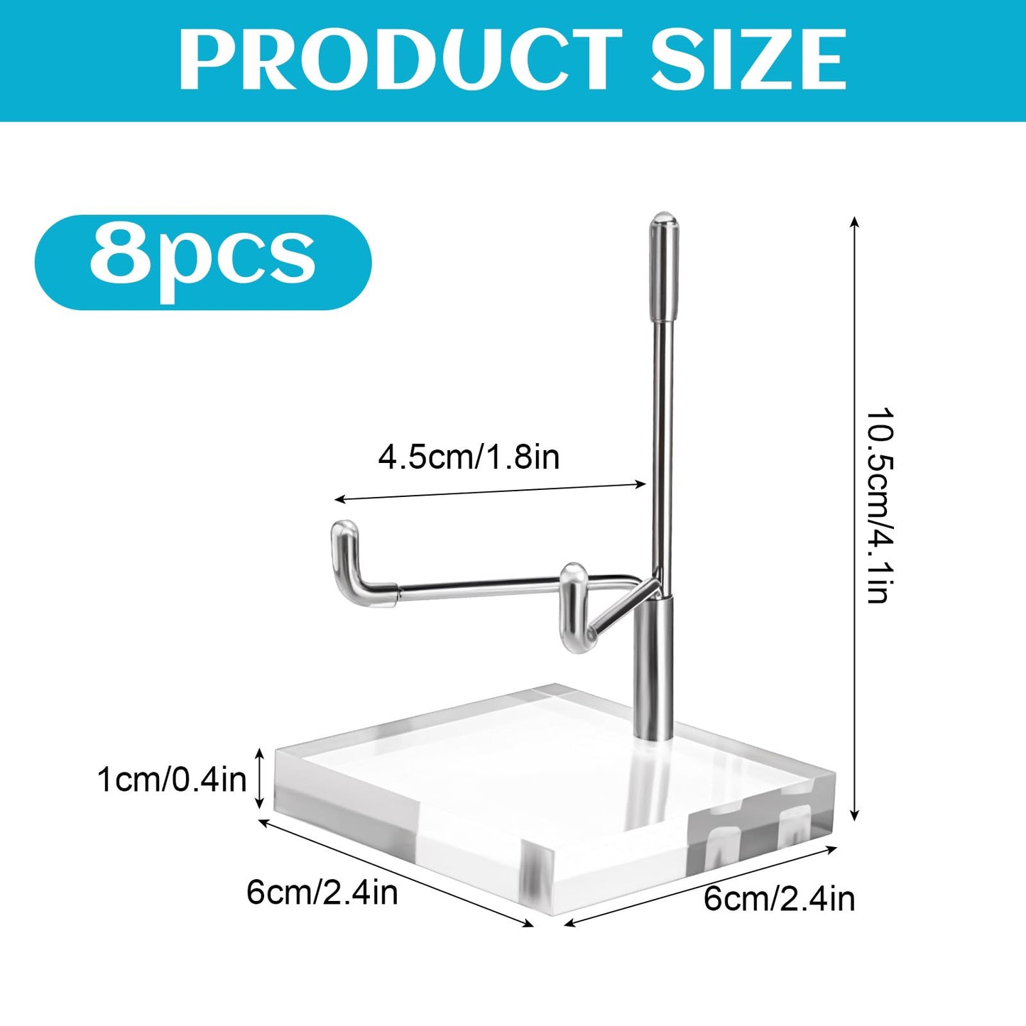 Tolare 8 Pcs Rock Display Stand with Acrylic Base, Adjustable Metal Arm Crystal Display Stand, Silver Small Holder for Gemstones, Fossils, Crystal, Minerals, Agate(2.4 X 2.4 X 4.1 Inches)