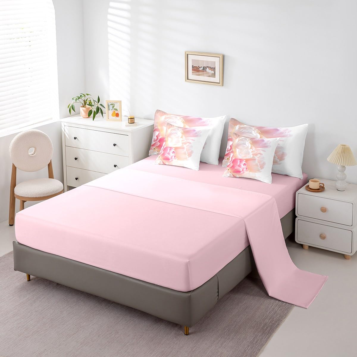 Erosebridal Pink Dreamy Princess Girls Bedding Set Romantic Pastel Tulip Kids Twin Comforter Set 7 Piece Spring Botanical Flowers Bed in A Bag Luxury Garden Floral Plants Bed Set