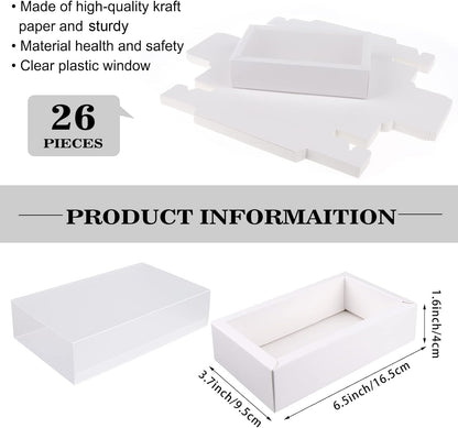 26 PCS Rectangle Drawer Kraft Boxes Small Cardboard Present Packaging Boxes for Party Favor Treats, Candy and Jewelry Crafts, 6.5 x 3.7 x 1.6 inch (Clear,White)