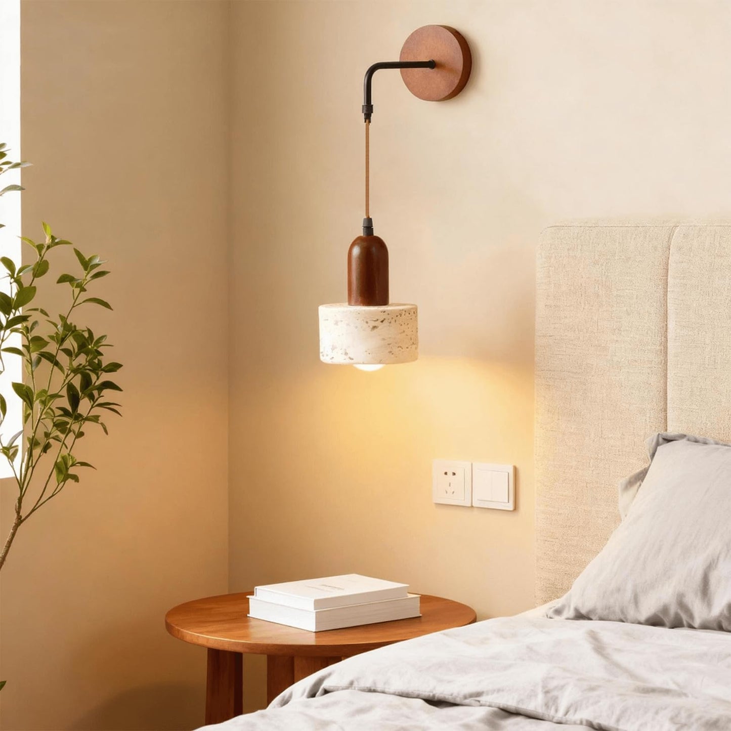 Zelipan Faux Travertine Wall Sconce, 4.7" Hardwired Wall Mounted Light, Adjustable Height Mid Century Modern Marble Lamp for Bedroom, Bedside, Reading (E26 Bulb Not Included)