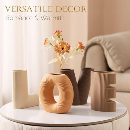KingZiYu Modern Ceramic Vase Set of 4, Love Letter Shaped Decorative Vases, Neutral Boho Home Decor for Table Centerpiece, Living Room, Bedroom, Wedding, Gift (Khaki, Dark Brown, Orange, Beige)