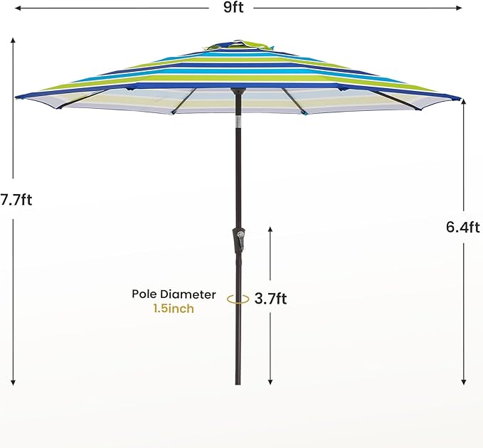 MEWAY 9ft Patio Umbrella Outdoor Table Umbrellas with Push Button Tilt and Crank, Market Umbrella 8 Sturdy Ribs for Deck, Garden, Pool and Backyard, Blue-Green Stripe