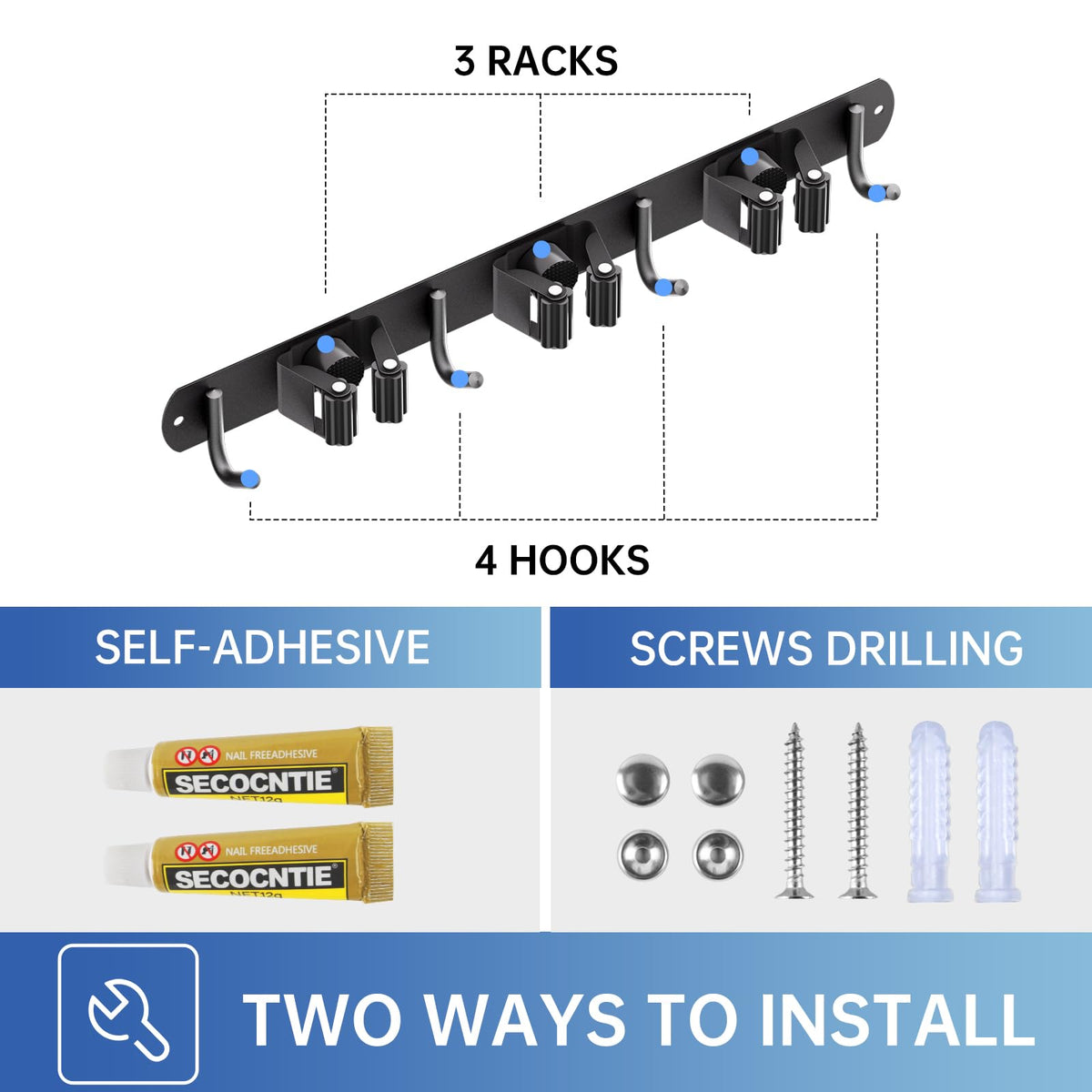 ZONGOOL 2 Pack Mop Broom Holder Wall Mount, Broom Organizer Storage Tool Racks Stainless Steel Self Adhesive Heavy Duty Hooks for Home Kitchen Garden (3 Racks with 4 Hooks, Black)