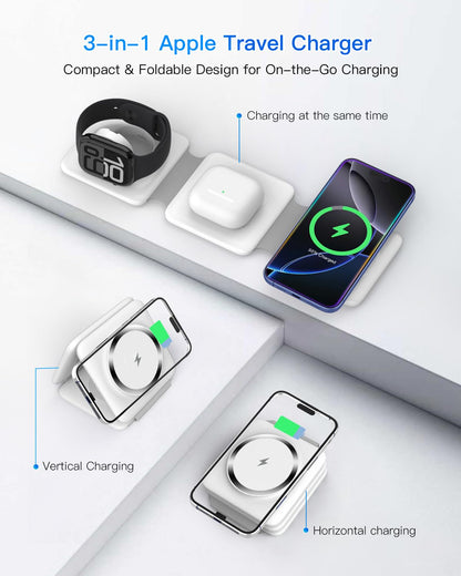 Charging Station for Apple Multiple Devices - 3 in 1 Foldable Magnetic Wireless Charger Dock - Travel Charging Pad for iPhone 17 16 15 14 13 12 Pro Max Plus Watch & Airpods