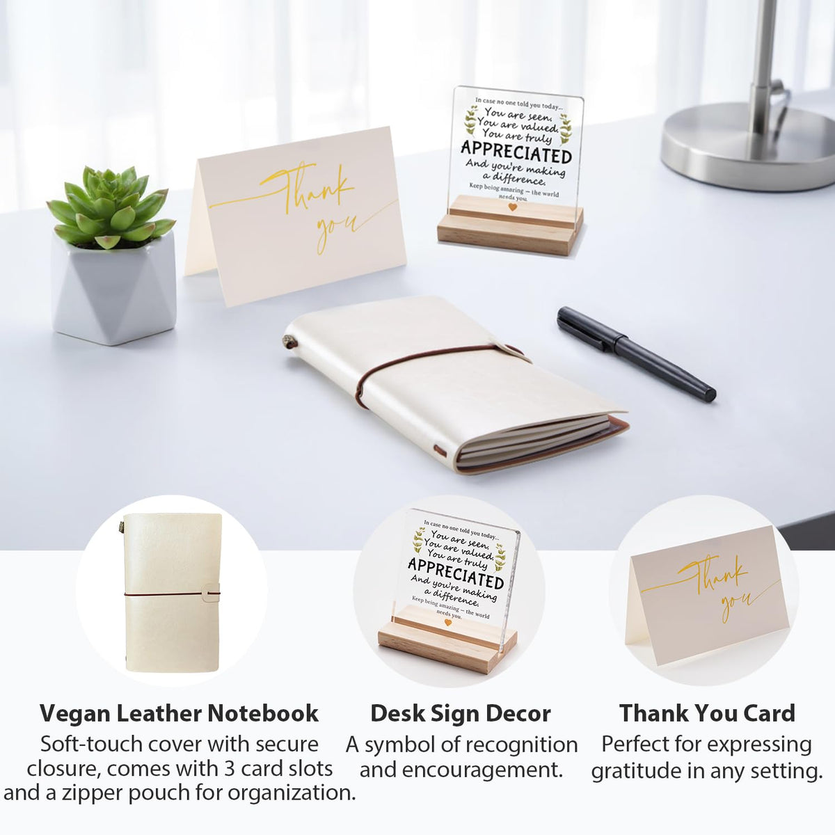 GYLACELU Employee Appreciation Gifts Box Set – Coworker Gift Set Includes Vegan Leather Notebook, Insulated Bottle, Desk Sign, Card, Gift Box – Thank You Gifts for Staff, Teachers, Volunteers (IVORY)