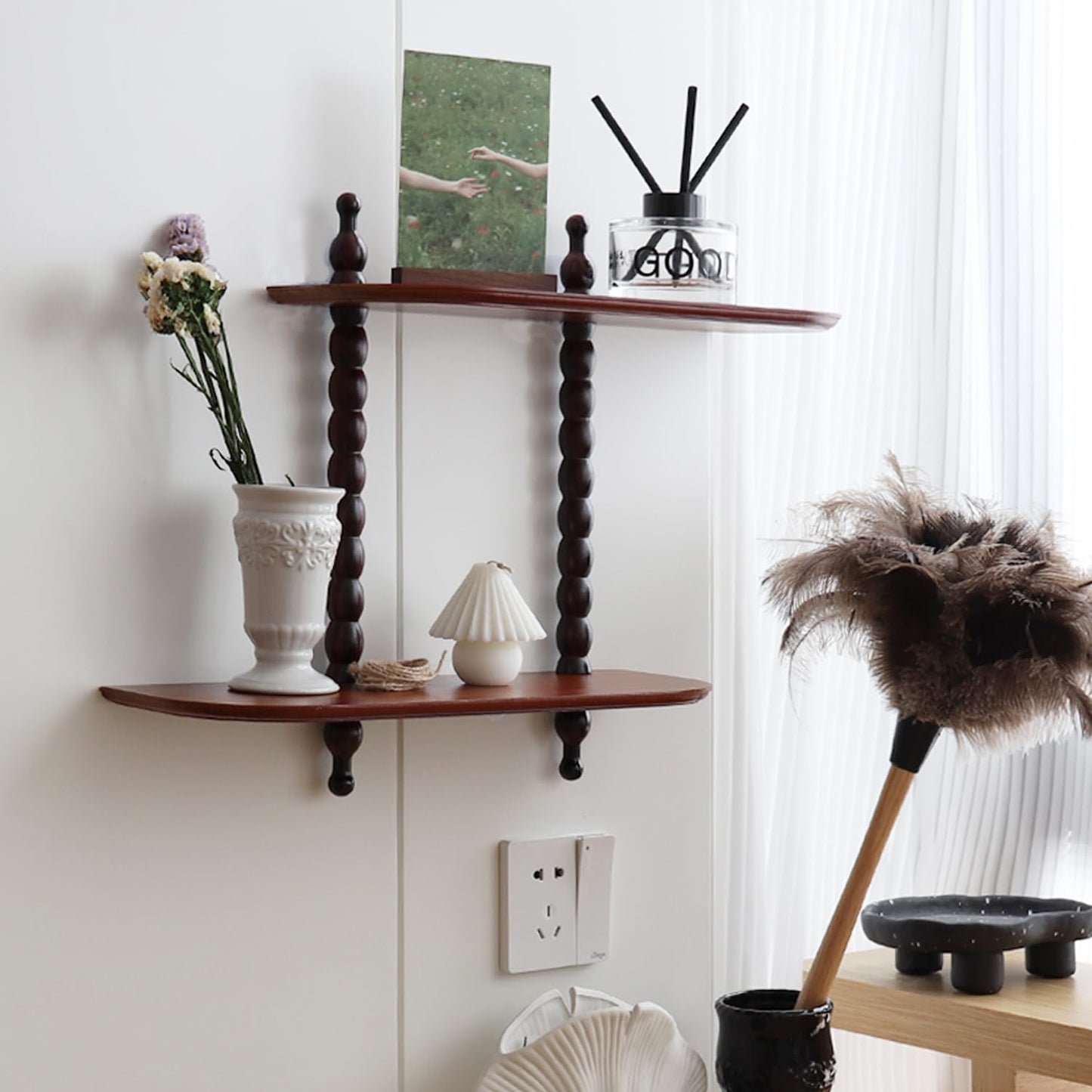 FRIADE 2-Tier Wall Mounted Floating Shelf with Two Roman Columns, Decorative Display Shelf for Entrance, Bathroom, Bedroom, Living Room, Kitchen, Office (Brown)
