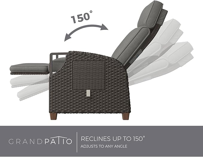 Grand patio Outdoor Recliner Air Pump 150° Lay Flat Reclining Chair with Independent Adjustable Back and Footrest Removable Olefin Cushion Flip-Up Table Wicker Grey 2PCS