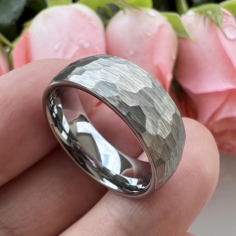 TUTISS 8mm Hammered Tungsten Carbide Rings for Men Women Engagement Wedding Bands Domed I Love You Engraved Comfort Fit Size 7
