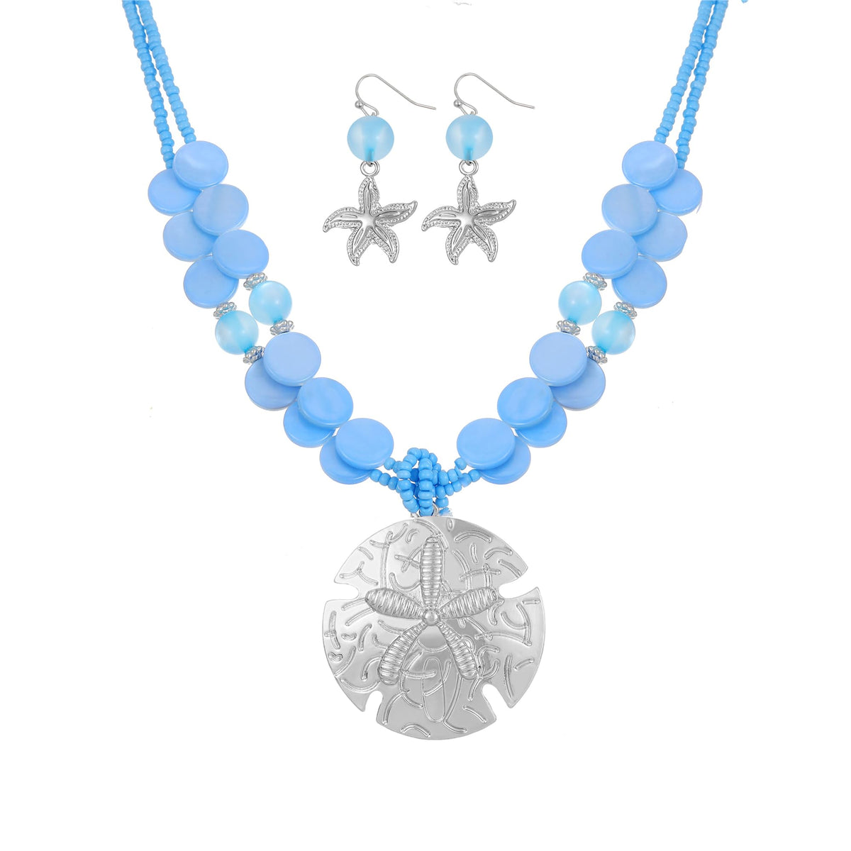 Perla Boho Starfish Necklace for Women, Chunky Layered Shell Beads Choker Necklace and Earrings Set, Ocean-Themed Summer Beach Jewelry (Light blue)