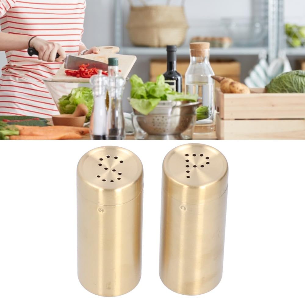 MOPFOL 2Pcs Stainless Steel Seasoning Jars - Golden Kitchen Salt and Sugar Shakers with Dispensing Control, Refillable Seasoning Bottles