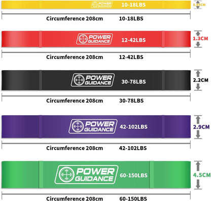 POWER GUIDANCE Pull up Bands Resistance Bands Set Workout Exercise Loop Bands 5 Levels for Powerlifting, Muscle Strength, Pilates Resistance Training (Yellow+Red+Black+Purple+Green, 10-150lbs)