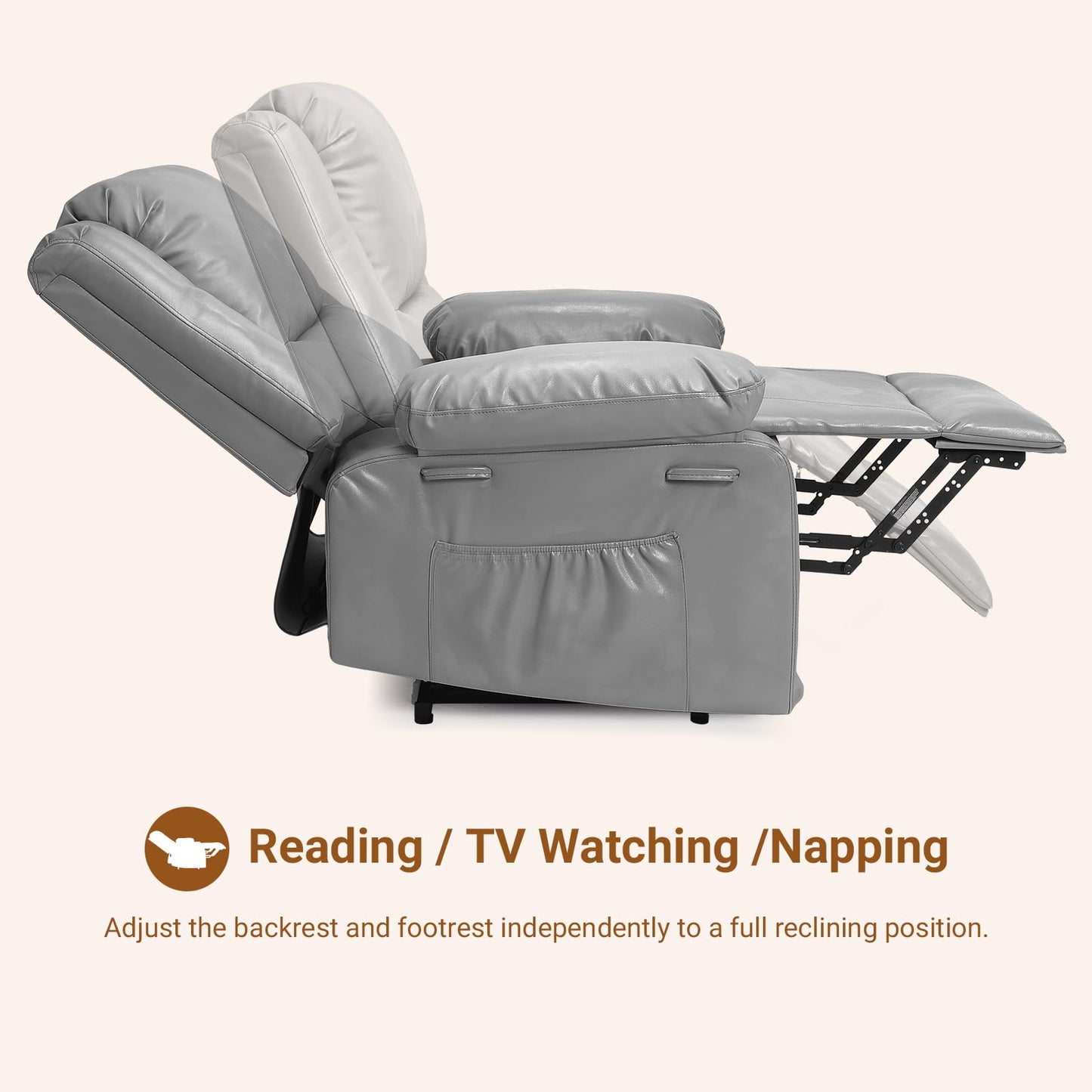 Electric Power Lift Recliner for Elderly, PU Leather Massage & Heat Recliner Chair with Remote Control, Side Pocket, Comfort for Seniors & Limited Mobility – MS Grey