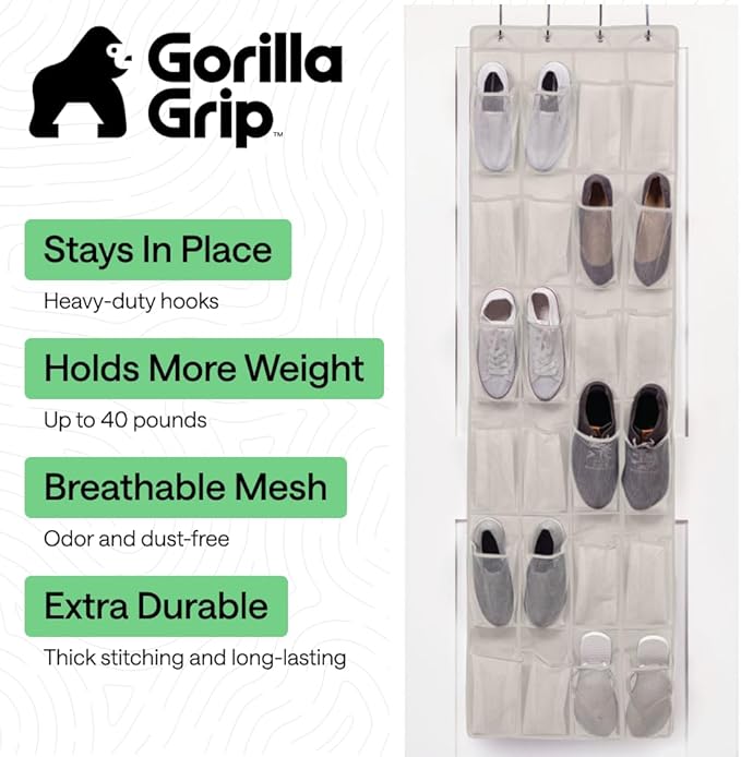 GORILLA GRIP Over the Door Shoe Organizer, 24 Large Breathable Mesh Pockets
