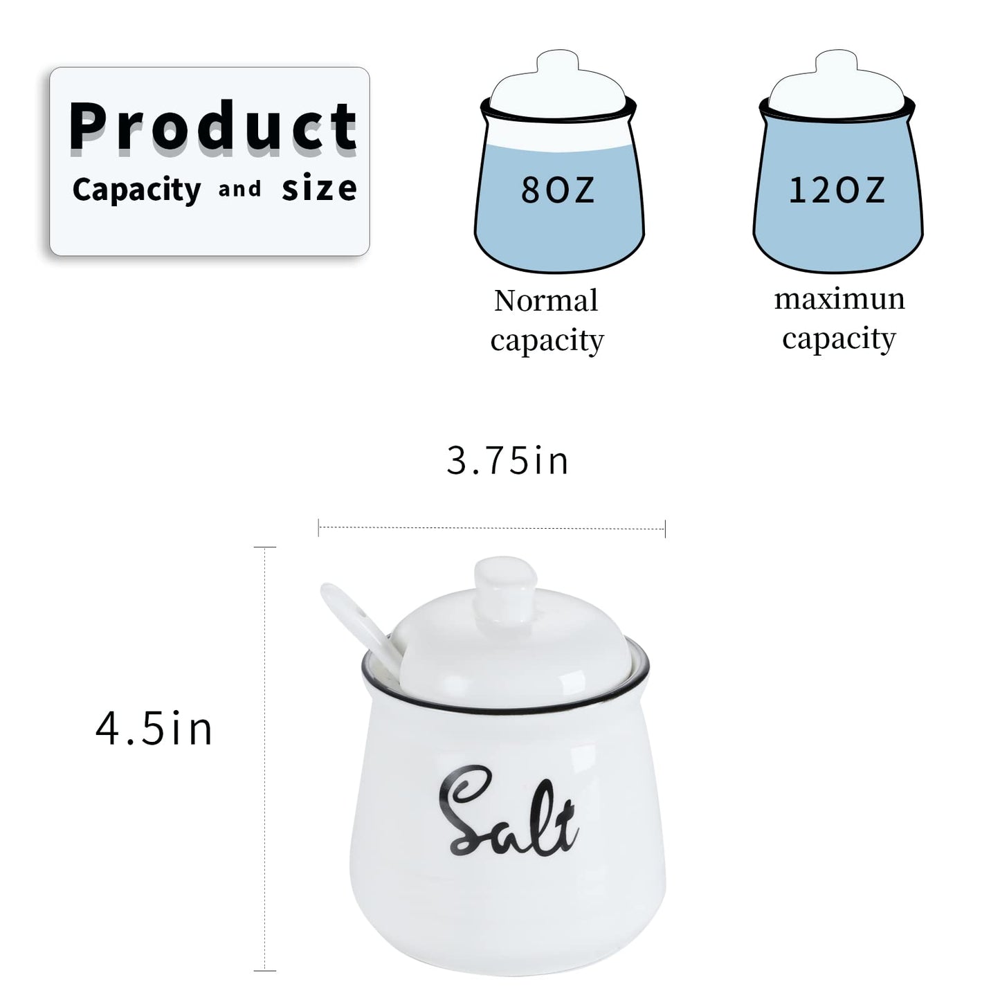 HAOTOP Farmhouse Porcelain Salt Bowl with Lid and Spoon 12oz,Easy to Clean (White)