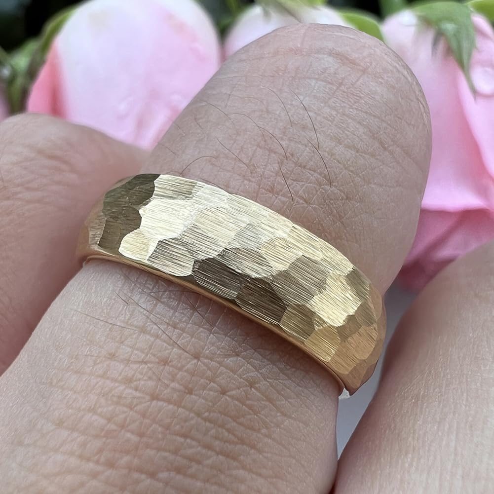 TUTISS 6mm Gold Hammered Tungsten Rings for Men Women Engagement Wedding Bands Domed Matte Finish Comfort Fit Size 6