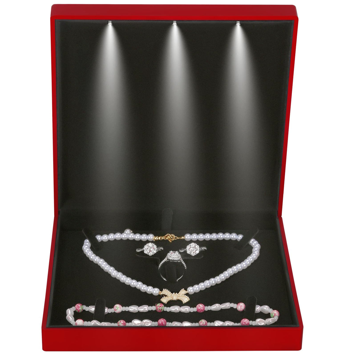 LETURE Large Velvet Jewelry Set Gift Box, Necklace Box With LED Light, Elegant Velvet Gift Box For Bracelet Necklace Earring Ring (Red)