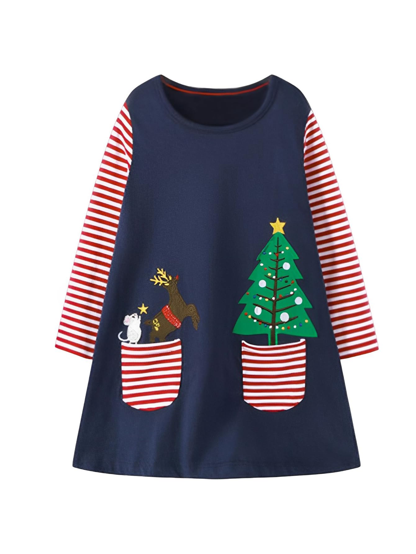 Girl Girl Dress Christmas Navy Blue Deer Elk Santa Long Sleeve Cotton Daily Dress Size 7