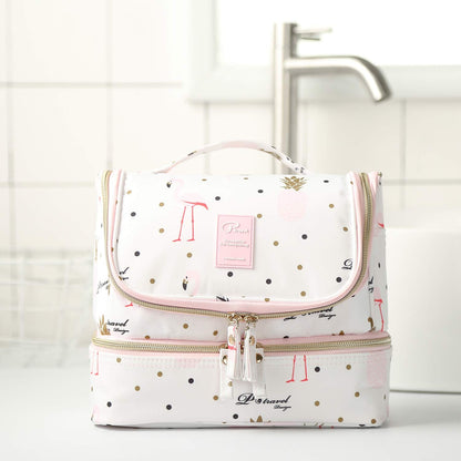Hanging Toiletry Bag for Women, Lychii Cosmetic Bag with Double Layer, Toiletries Travel Organizer - Flamingo Printed