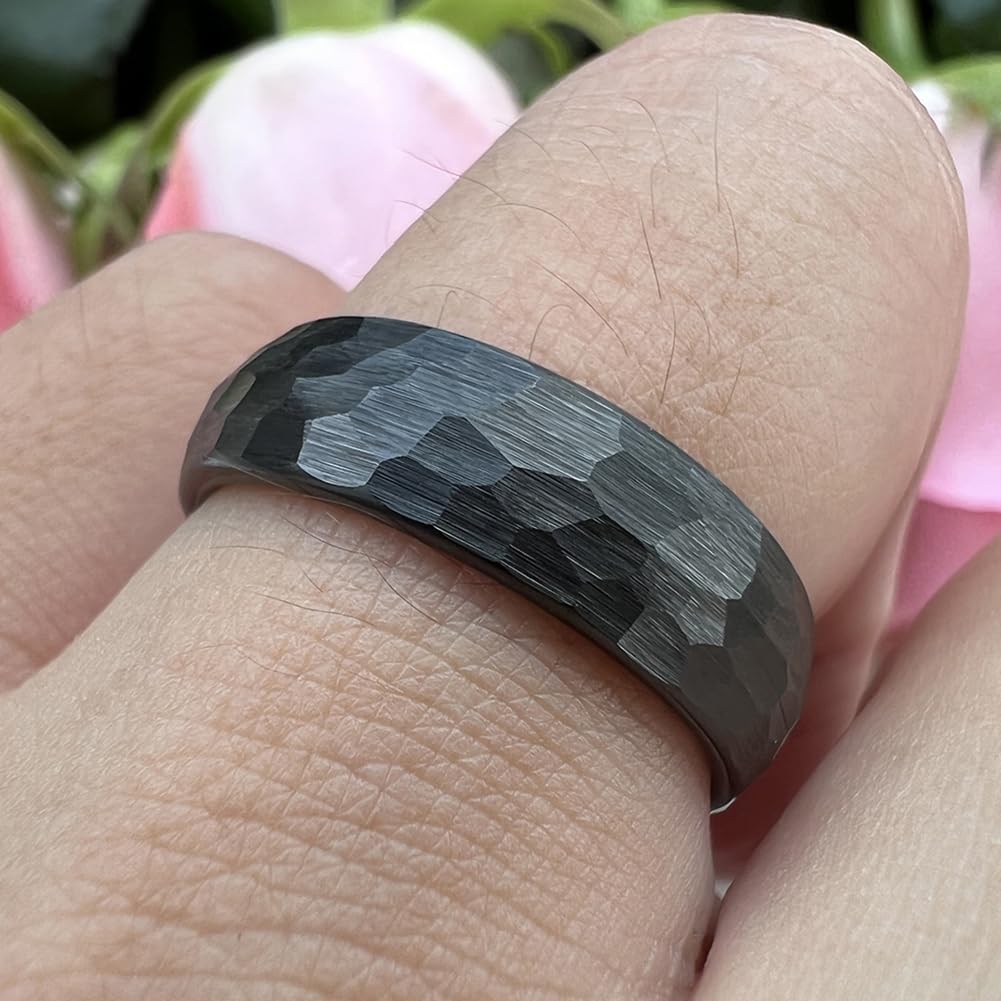 TUTISS 6mm Black Hammered Tungsten Rings for Men Women Fashion Engagement Wedding Bands Domed Matte Finish Comfort Fit Size 9