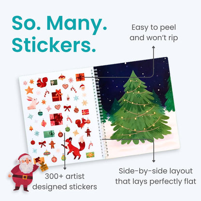 CUPKIN Holly Jolly Holiday Stickers for Kids Toddler Sticker Book, Santa Christmas Activity Book, Toddler Travel Essentials, 300+ Christmas Stickers + 8 Sticker Scenes and Coloring Pages, Ages 2+