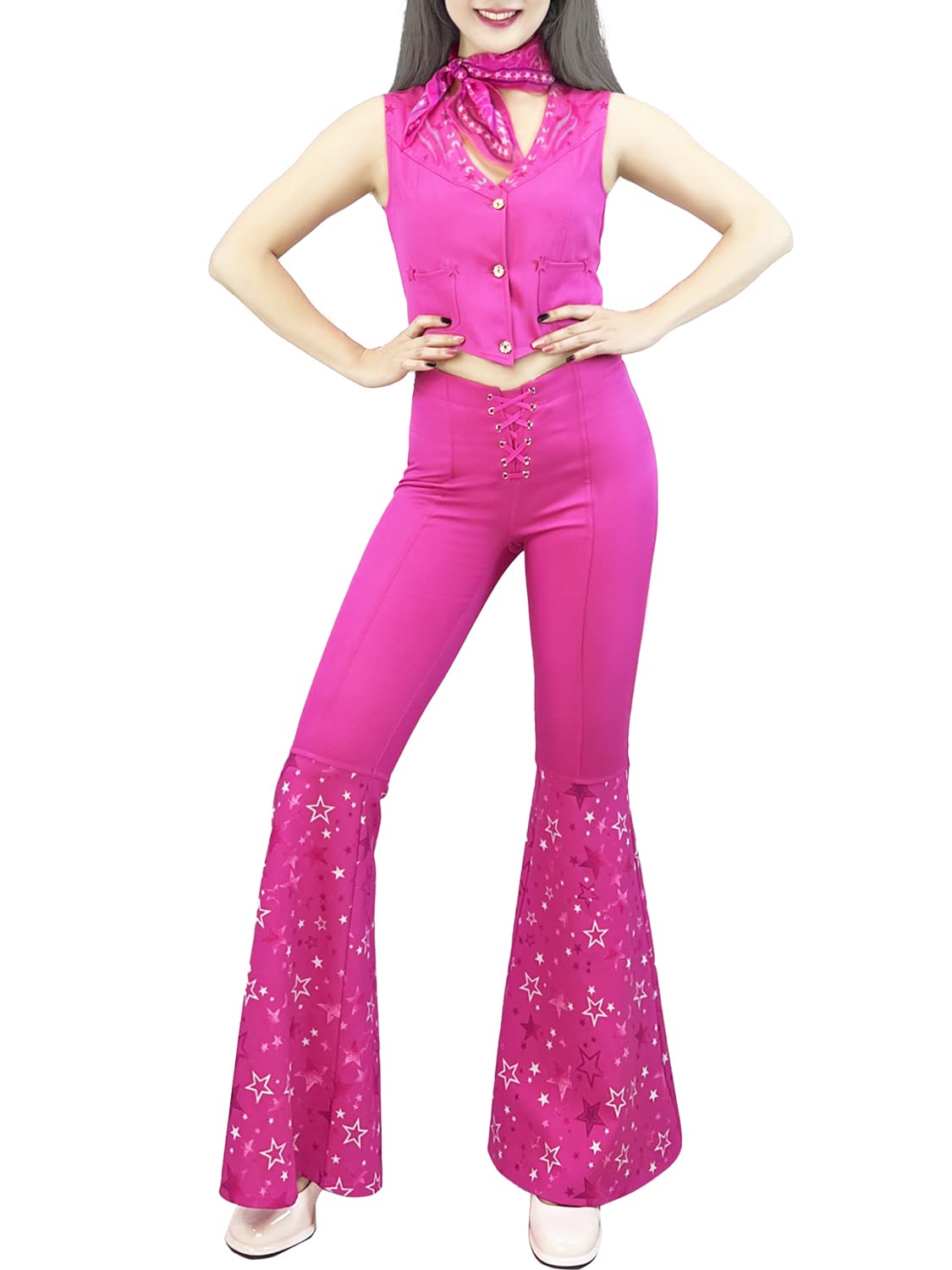 Naywig Cowgirl Outfit 70s 80s Hippie Disco Costume Pink Flare Pant Halloween Cosplay For Women Girls-X-Large