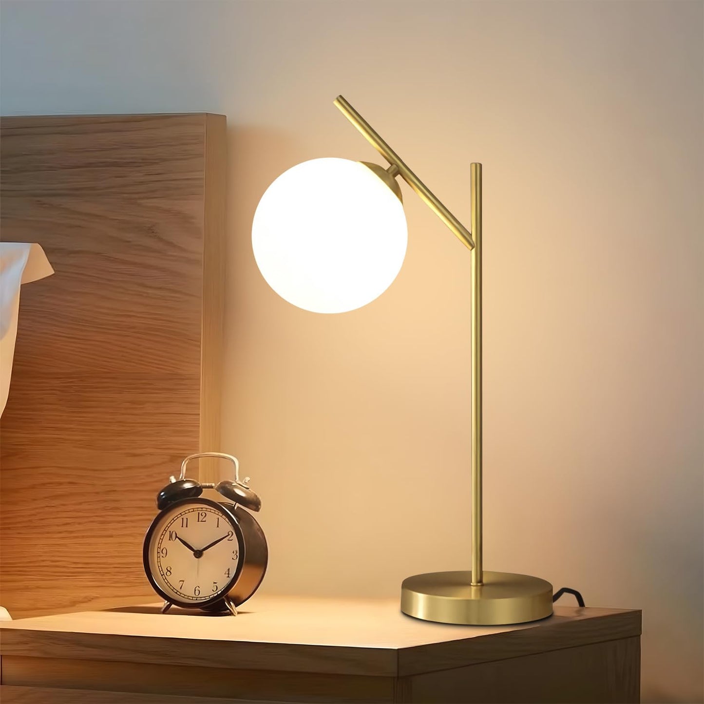 Fulesi Mid Century Modern Table Lamp, 1 Light Brass Glass Globe Bedside Lamp, Contemporary Metal Table Lamp with Milky White Glass shadefor Bedroom Living Room Study Room