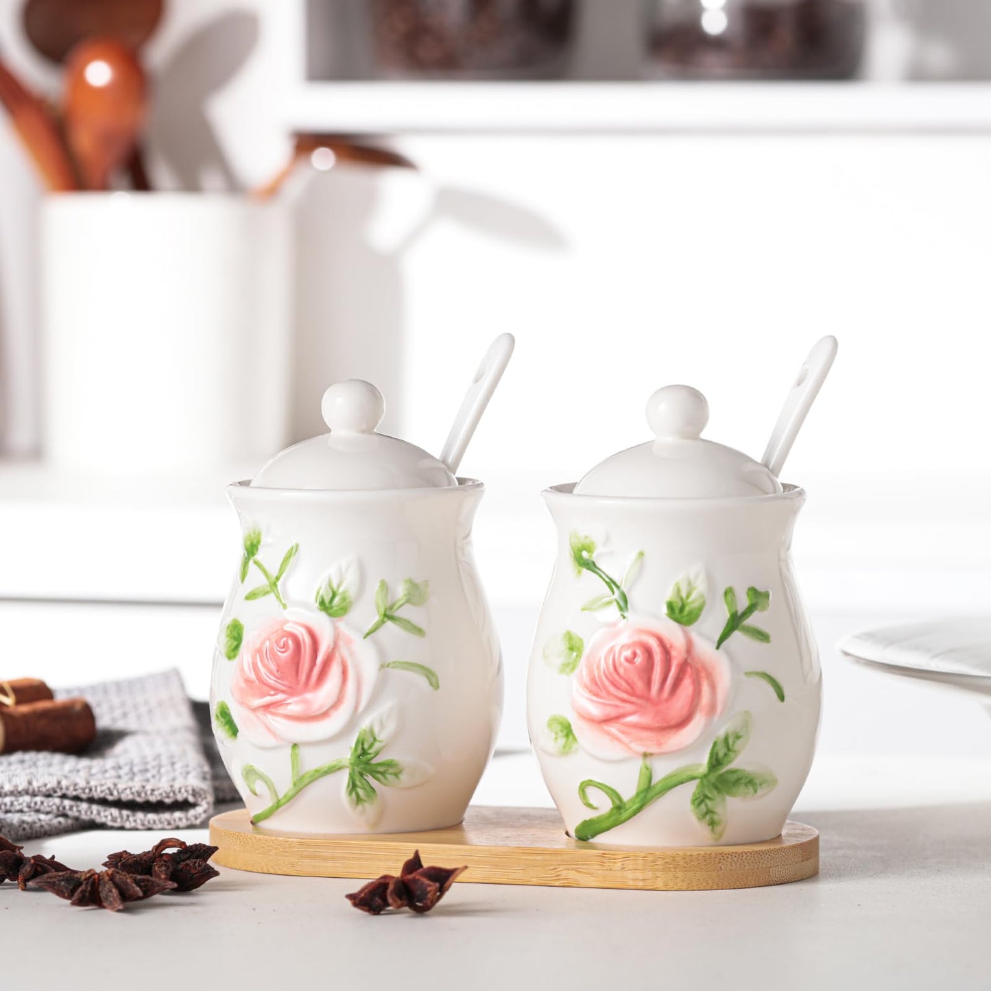 Seasonsplan Hand Drawn Relief ceramics Ceramic Sugar Bowl 2 Pack, PorcelainJar with Tray, Spoon and Lid for Sugar, Pepper, Coffee, Spice, Salt, 8 Ounces (Hand Drawn Relief)