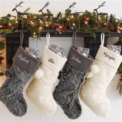 Personalization Universe Personalized Faux Fur Christmas Stocking in Grey - Customizable with Any Name or Monogram, Perfect for Holiday Decorations, 20" L x 8" W, 100% Polyester, Spot Clean Only