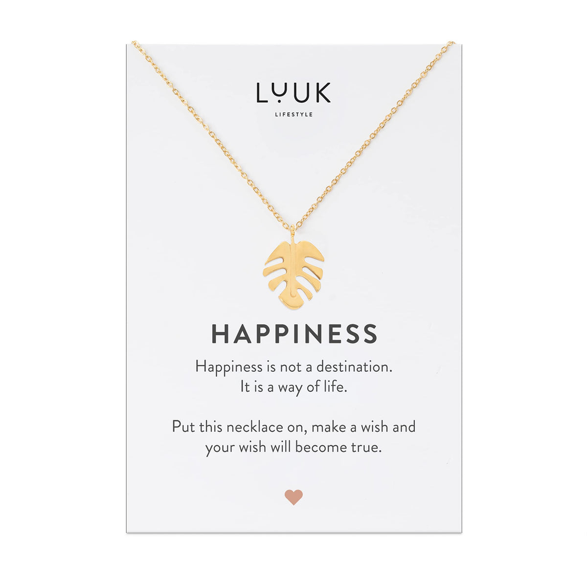 LUUK LIFESTYLE Filigree 19” necklace with monstera leaf pendant, modern and minimalist fashion accessory, nature zen jewellery for everyday life, HAPPINESS gift card, lucky charm, layer look, gold