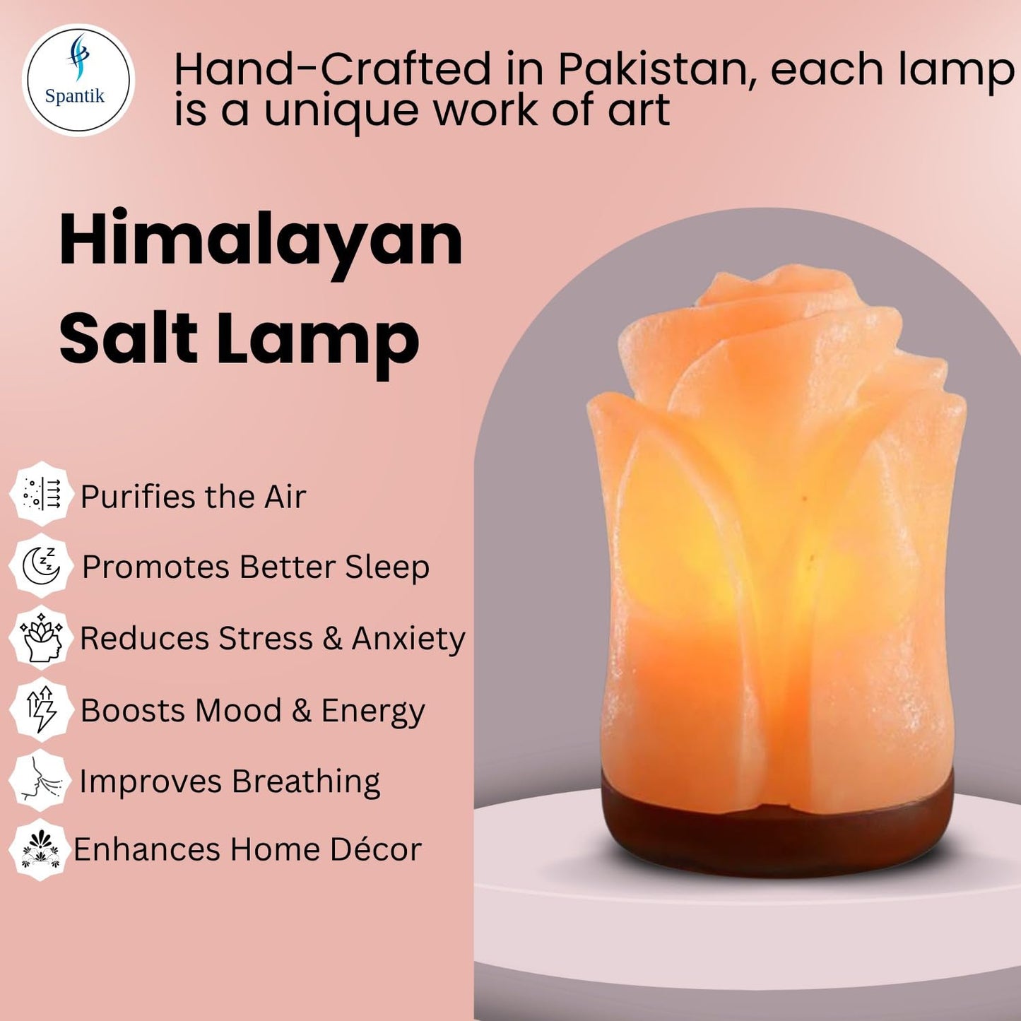 Spantik Tulip Shape Himalayan Pink Salt Lamp | Hand-Carved Rock Salt Flower Lamp | Natural Salt Night Light Desk Lamp for Home Office Decor | Himalayan Salt Lamps Sourced from Pakistan
