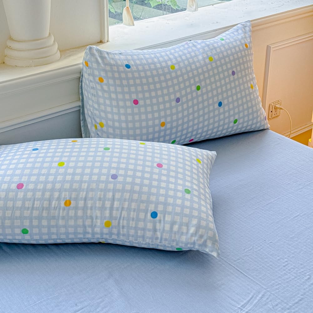 BlueBlue Blue Grid Duvet Cover Set Queen 100% Cotton Soft Lightweight Gauze Bedding Rainbow Polka Dot on Plaid 1 Abstract Geometric Full Comforter Cover 2 Pillow Shams, Queen
