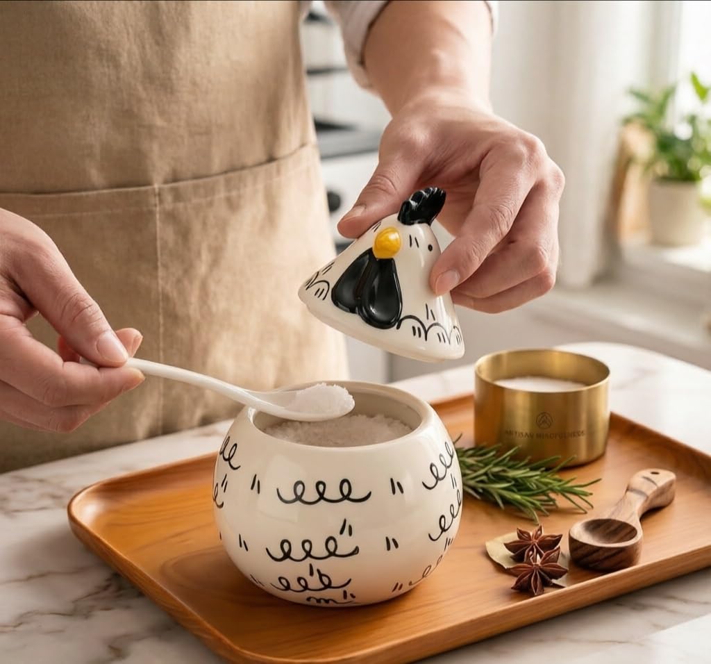 Ceramic Salt Cellar with Lid and Spoon, Rooster Salt & Spice Holder - 13 oz Large Capacity for Countertop, High-Fired Glazed & Easy Clean, Cute Kitchen Decor, Housewarming Gift, Unique Gift for Cooks