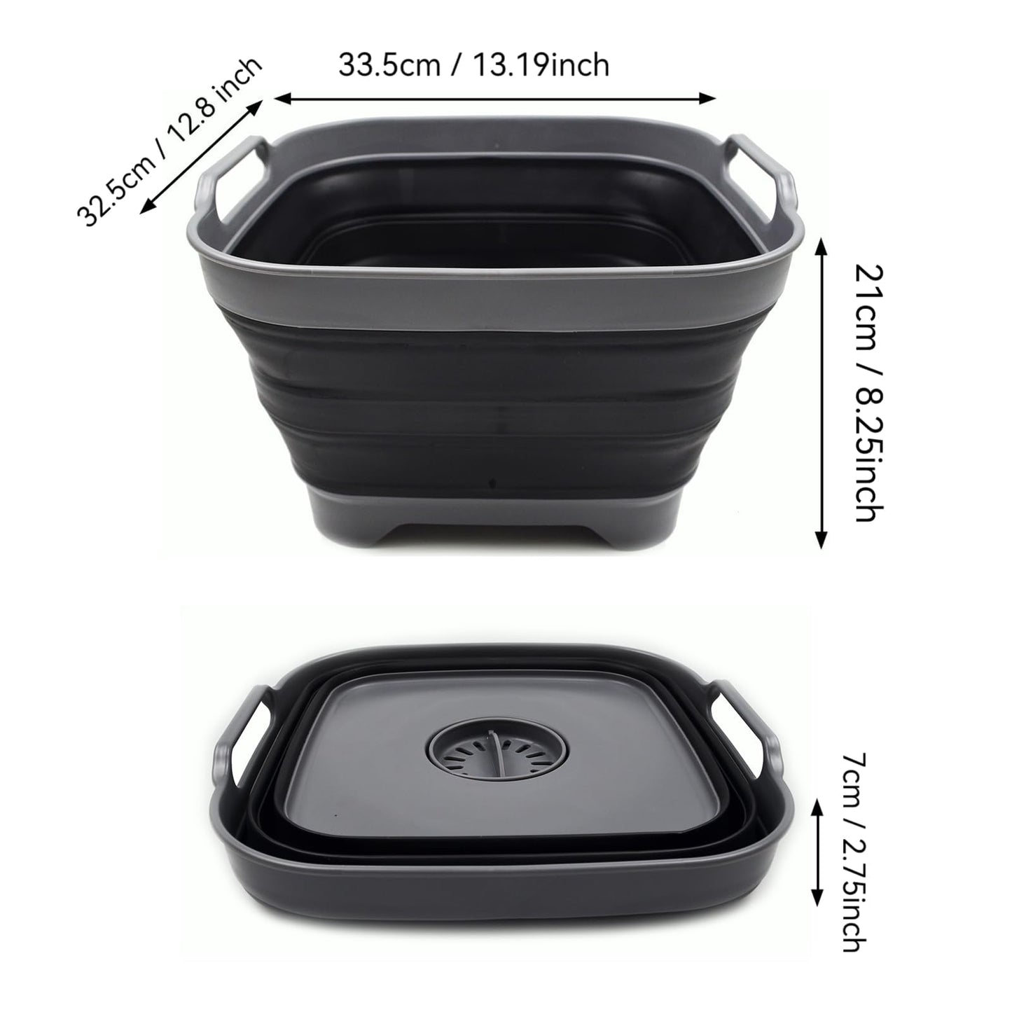 SAMMART 10L (2.64 gallon) Collapsible Dishpan with Draining Plug - Foldable Washing Basin - Portable Dish Washing Tub - Space Saving Kitchen Storage Tray (1, Grey/Black)