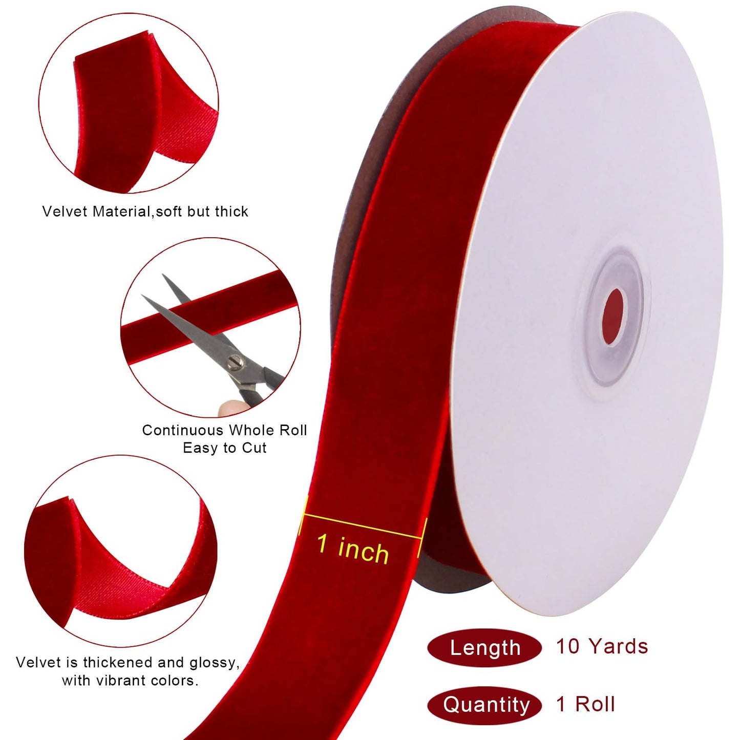 Tsorode 10 Yards Red Velvet Ribbon 1 Inch for Christmas Tree,Velvet Christmas Ribbon for Gift Wrapping Crafts Bow Wreath Holiday Decorations (Red)