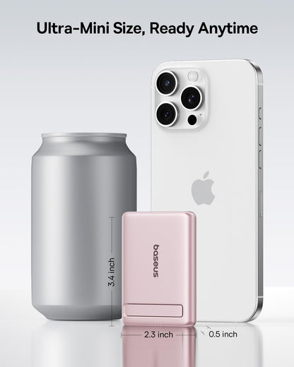 Baseus Picogo Power Bank, Smallest 5000mAh Magnetic Portable Charger with Stand, Qi2 Certified 15W Ultra-Mini MagSafe Battery Pack, Alloy Wireless Travel Fast Charger for iPhone 17/16 Series(Grey)