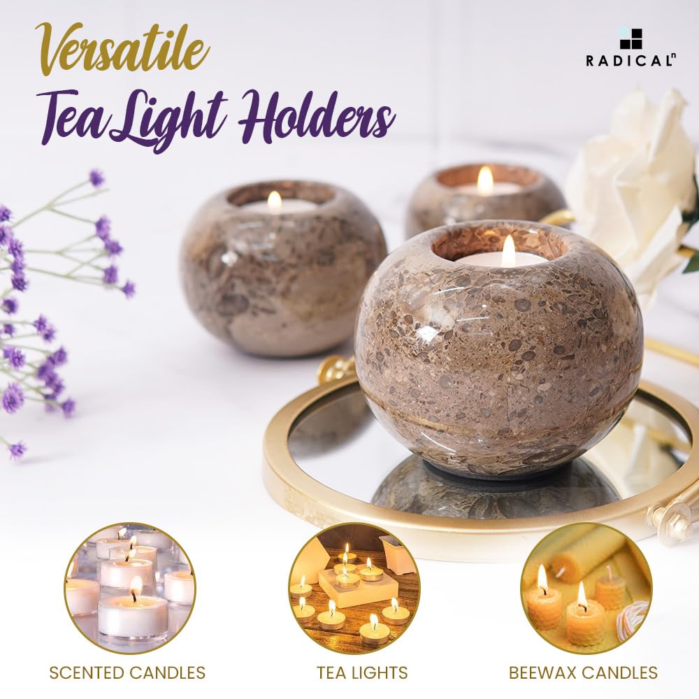 Radicaln Marble Tealight Candle Holder 4" Inch Oceanic Handmade Set of 3 Mini Candle Holders for Dining, Decorative Votive Candle Holder & Marble Taper Holder for Home Decor