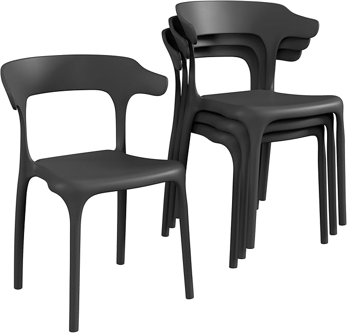 VECELO 4 Pack Plastic Stacking Chairs, Stackable Dining Chairs for Kitchen Restaurant Patio, Portable Indoor Outdoor Use, No Assembly Required, Black