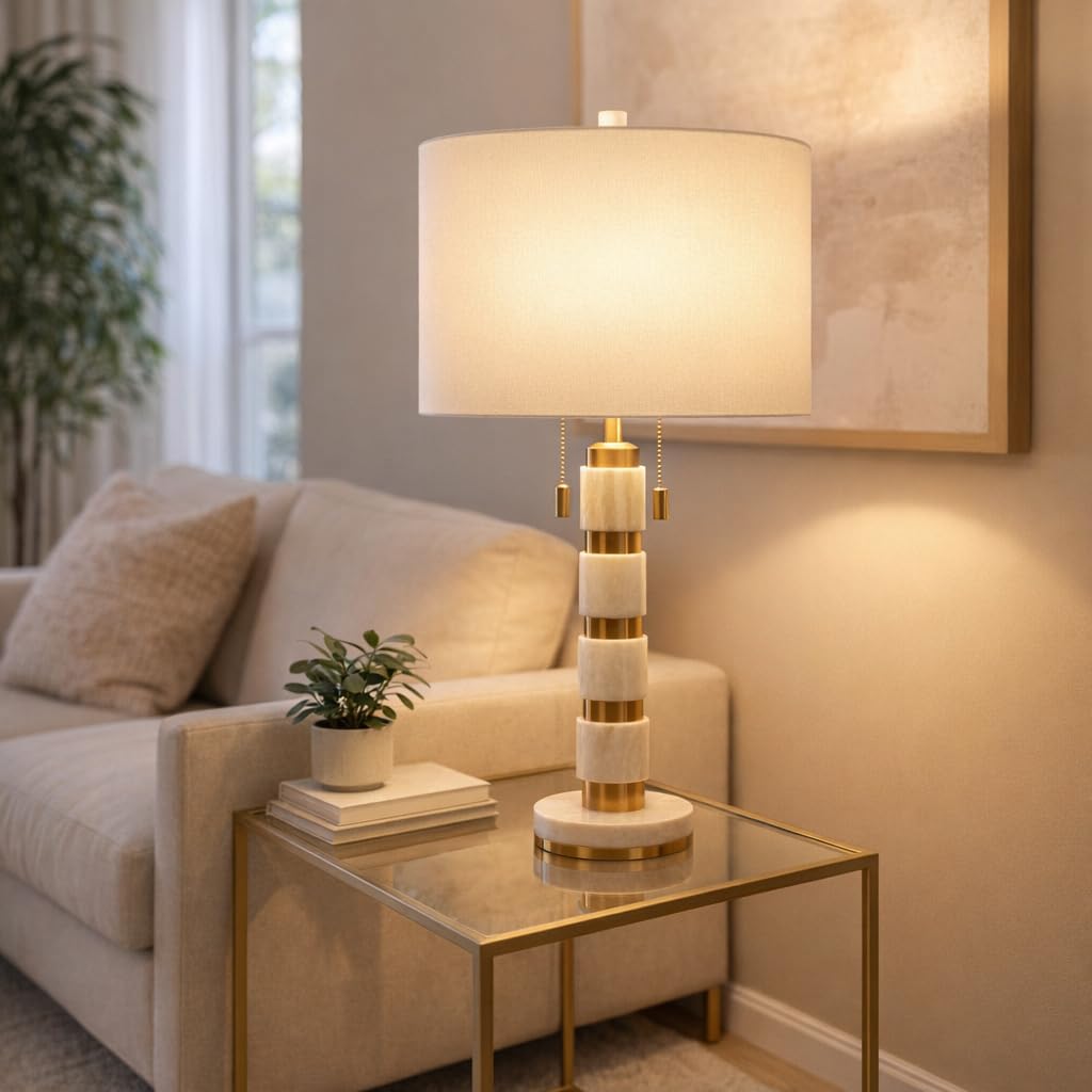 Sagebrook Home 27x14 Stacked Marble Lamp With 2 Pulls, White